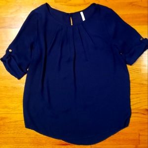 Women's three quarter sleeve pleated neck navy top with gold detail Size MEDIUM